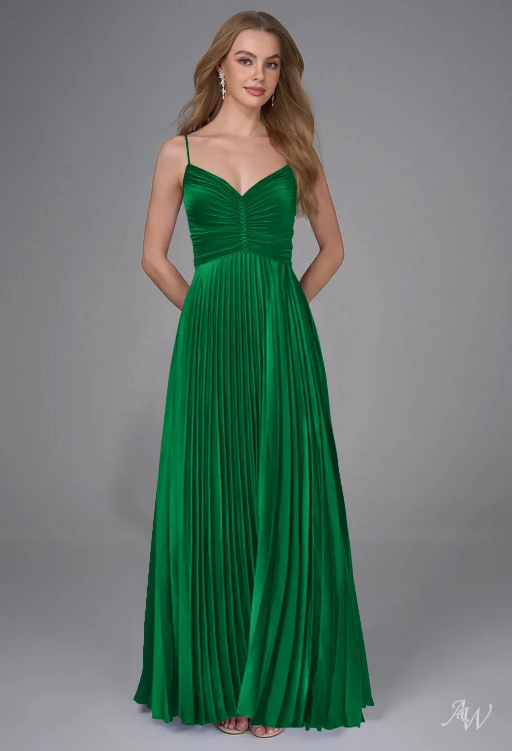 AW Celestine Dress, Hunter Green Satin Charmeuse Floor Length V